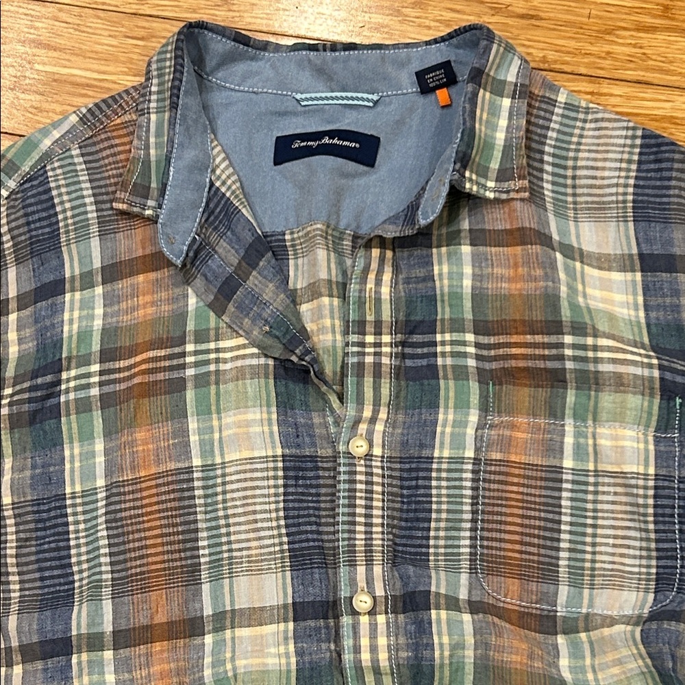 Tommy Bahama Men's Blue & Green Plaid Linen Normcore Button Down Shirt Men’s XXL